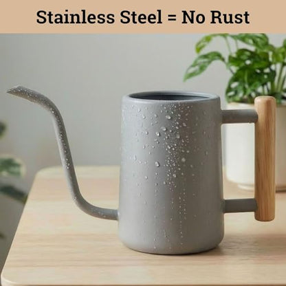 Metal Small Indoor Watering Can with Long Spout & Real Wood Handle, 35oz - color: Gray