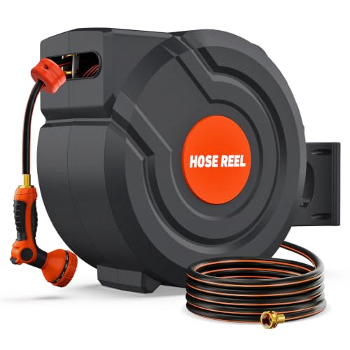100FT Retractable Garden Hose Reel 5/8 Inch Heavy Duty Wall Mounted Retractable Hose Reel with 9-Pattern Nozzle, 180° Swivel Auto Rewind, Any Length Lock Water Hose Reel for Yard Garden Car Washing