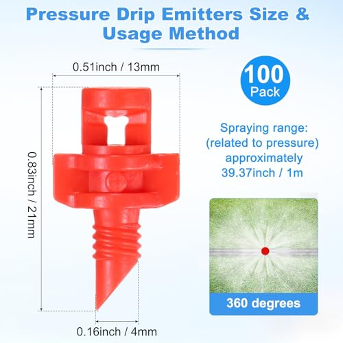 M METERXITY 100-Pack Drip Irrigation Emitters, Adjustable 360 Degree Plastic Micro Sprinkler Heads for Garden Lawn Drip Irrigation System [Red] - color: red