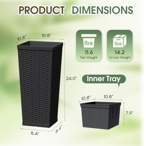 30 Inch Tall Plastic Planters(Set of 2) with Drainage Holes, Black - color: Black, size: 30 inch