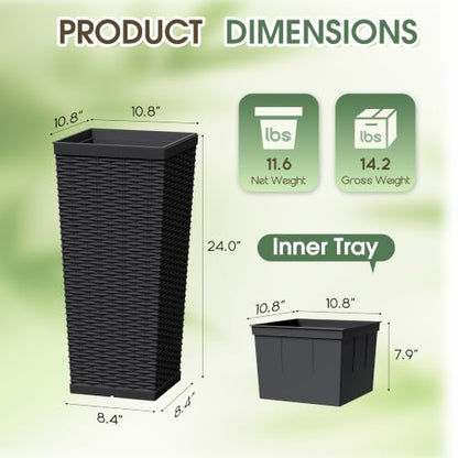 30 Inch Tall Plastic Planters(Set of 2) with Drainage Holes, Black - color: Black, size: 30 inch