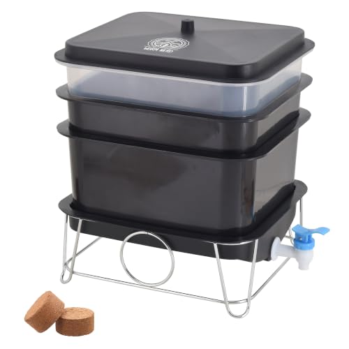 Worm Nerd WN41 4-Tray Worm Composting Bin Kit with Coco Coir for Recycling Food Waste, Worm Castings, Worm Tea, Vermiculture and Vermicomposting, Black - style: Mya Bin - Black