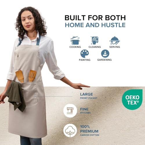 Cotton Canvas Apron for Women & Men – Adjustable Neck Strap & Waist Ties with Pockets - color: Grey