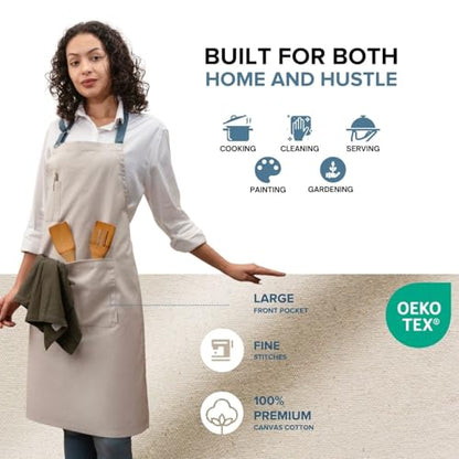 Cotton Canvas Apron for Women & Men – Adjustable Neck Strap & Waist Ties with Pockets - color: Grey