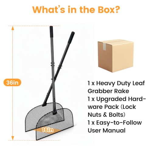 Leaf Grabber Rake with Long Handle, Heavy Duty Metal Leaf Picker Upper and Grass Collector, Upright Lawn Debris Pickup Tool with Upgraded Lock Nuts for Yard Cleanup, No Bending Over