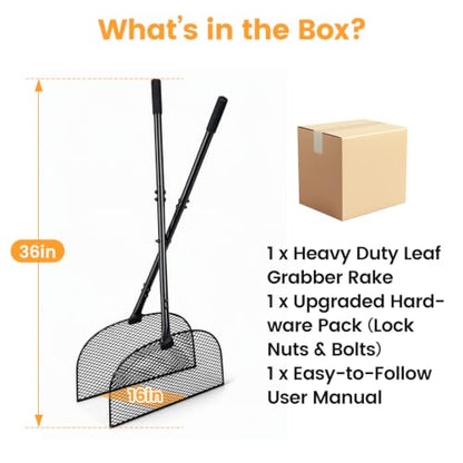 Leaf Grabber Rake with Long Handle, Heavy Duty Metal Leaf Picker Upper and Grass Collector, Upright Lawn Debris Pickup Tool with Upgraded Lock Nuts for Yard Cleanup, No Bending Over