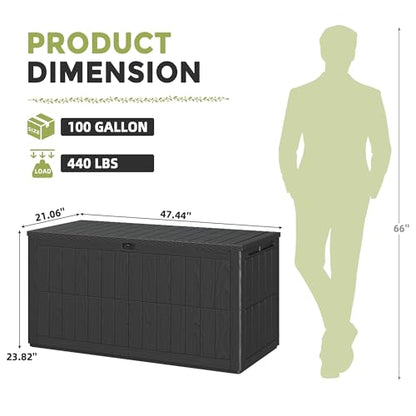 100 Gallon Deck Box Outdoor Storage Box Lockable Waterproof Resin Indoor Outdoor Storage Container for Patio Cushions, Tools, Package Delivery Boxes for Outside