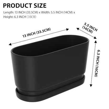 13" Rectangular Ceramic Planter with Drainage and Saucer, Black - color: Matte Black, size: Large