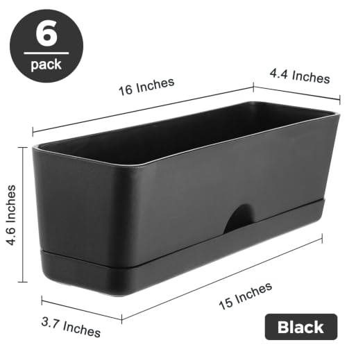 6 Pack Rectangle Planter 16x4.4 Inch Window Boxes Planters Rectangular Window Sill Planters Indoor Self Watering Plant Pots with Drainage Holes and Saucers Succulent Herb Flower Pots, Black - color: Black
