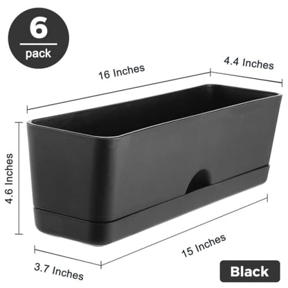 6 Pack Rectangle Planter 16x4.4 Inch Window Boxes Planters Rectangular Window Sill Planters Indoor Self Watering Plant Pots with Drainage Holes and Saucers Succulent Herb Flower Pots, Black - color: Black