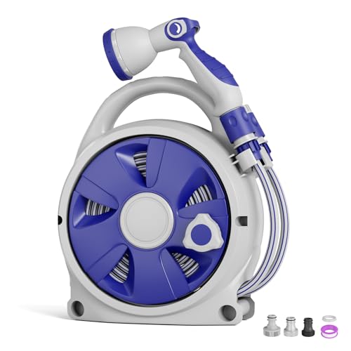 Retractable Garden Hose Reel 1/2 Inch x 50 FT | Heavy Duty Rewind Wall Mount Hose Holder with 10-Pattern Spray Nozzle for Garden Watering, Car & Boat Washing, Pet Cleaning
