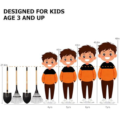 Kids Garden Tool Set, 4-Piece Rake and Shovel with Wooden Handles, 28 Inch Long, Black Metal Gardening Tools for Boys and Girls - color: 2pcs Rakes & 2pcs Shovels