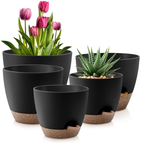 QRRICA Plant Pots 10/9/8/7.5/7 Inch Self Watering Pots, Set of 5 Plastic Planters with Drainage Holes and Saucers,Plastic Flower Pots,Nursery Planting Pot for Indoor Out Door Plants(Black Brown) - color: Black Brown, size: 10/9/8/7.5/7 inch