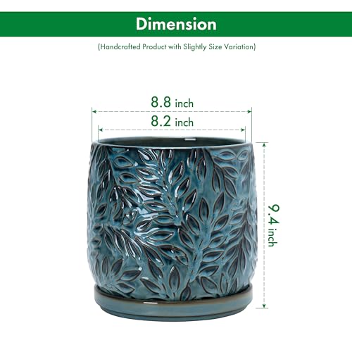 D'vine Dev Embossed Leaves Ceramic Planter, 8 in, Ocean Teal, 27-A-Q-8 - color: Ocean Teal, size: 8 Inch