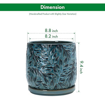 D'vine Dev Embossed Leaves Ceramic Planter, 8 in, Ocean Teal, 27-A-Q-8 - color: Ocean Teal, size: 8 Inch