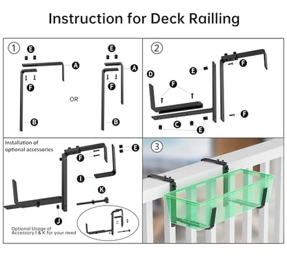 Y&M 2 Pcs Deck Railing Adjustable Planter Box Brackets (6 to 12.5 in), Universal Heavy Duty Iron Flower Box Brackets Wall Mounting Hooks for Fences, Patio, and Garden - Black (Patent Registered) - size: 2 Pcs - Black