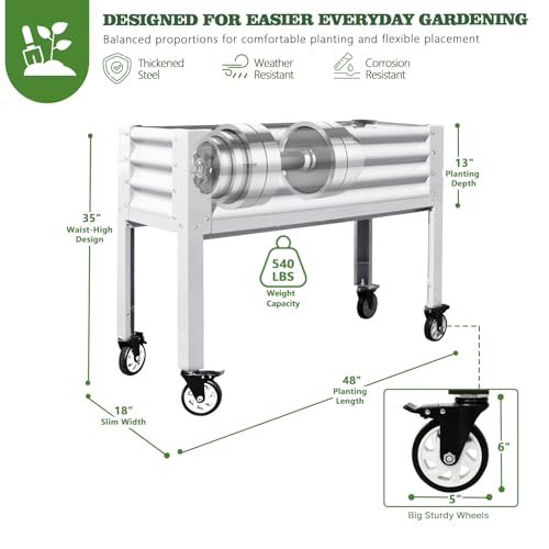 Anleolife Rolling Elevated Raised Garden Bed with Wheels, Antique White - color: Antique White, size: 48x18x35 in