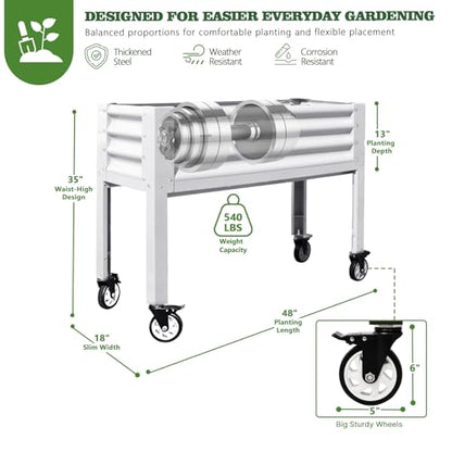 Anleolife Rolling Elevated Raised Garden Bed with Wheels, Antique White - color: Antique White, size: 48x18x35 in