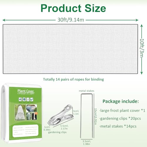 kockuu Plant Covers Freeze Protection, 10ft x 30ft 1.41 oz/yd² Frost Cloth Plant Blankets Floating Row Covers with 20 Stainless Steel Clips for Winter Plants Gardens Frost/Sun Pests Protection, White - color: White Plant Covers, size: 10*30ft