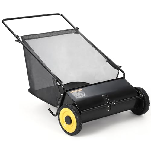 26 Inch Walk Behind Lawn Sweeper, Push Leaf Collector with 2.6 Bushel Collection Bag, Steel Yard Rake for Leaves, Grass Clippings, Debris, Black with Yellow Wheels - color: Black&Yellow