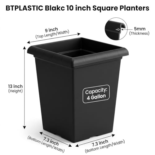 10 inch Heavy Duty Square Planters - 4 Pack Deep 13 inch Plastic Plant Pot - color: Black