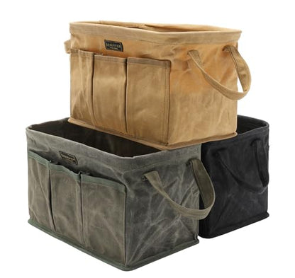 3-Pack Waxed Canvas Tool Bag Set, 13.8 x 7.8 x 7.8 Inches, Rectangular Waxed Canvas Fabric Collapsible Tool Bag with Handles, 3 Colors: Khaki, Black and ArmyGreen - color: Khaki/Black/ArmyGreen