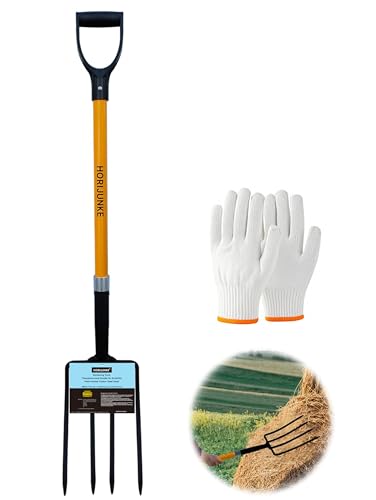 Garden Fork, 4-Tines Pitchforks,45-Inch Pitchfork for Gardening,Fiberglass Digging Fork Pole, D-Handle