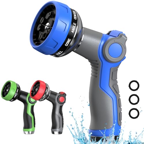 Hose Nozzle 10 Adjustable Patterns Garden Hose Nozzle Premium High Pressure Water Hose Nozzle with Thumb Control Design Hose Sprayer Nozzle for Garden & Lawns Watering, Cleaning, Pets & Car Washing - color: Blue+Grey