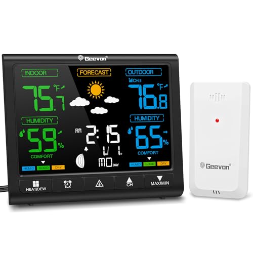 Geevon Weather Stations Wireless Indoor Outdoor Thermometer, HD Color Display Digital Temperature Humidity Monitor with Clock, Comfort Indicator, Adjustable Backlight, Time and Calendar