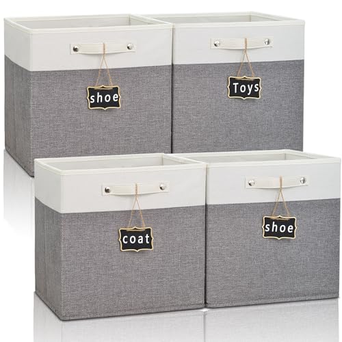 13x13x13 Storage Cube Bins 4 Pack,Collapsible Fabric Storage Cubes with Labels,Linen Cube Storage Organizer Bins with Cotton Handles,Square Storage Cubes for Home,Office,Clothes,Cabinet(White Grey). - color: White & grey-4pack, size: 13''x13''x13''