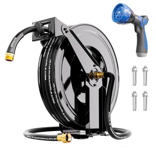 SPECILITE Retractable Garden Hose Reel with 5/8" 50ft Hot/Cold Pipe, Black - color: Black, size: 5/8'' 50 FT