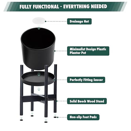 D'vine Dev Plastic Pot with Ebony Wood Stand, Black, 16 in, 55-C-Z-2 - color: Matte Black Pot + Ebony Stand, size: 16 Inch