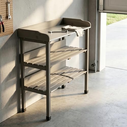 30″x14.5″×35.5″ Potting Table w/Metal Tabletop, 3 Layers Outdoor Work Bench w/Hook for Garden, Solid Wood Workstation for Garage (Grey)