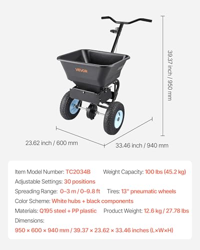 VEVOR Broadcast Spreader 100 LBS Capacity Walk-Behind Push Spreader Black