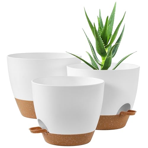 FaithLand 3-Pack Planter Pots, 10 9 8 Inch Self Watering Flower Pots for Indoor Outdoor Garden Plants, White with Brown - color: White With Brown, size: 10"+9"+8"