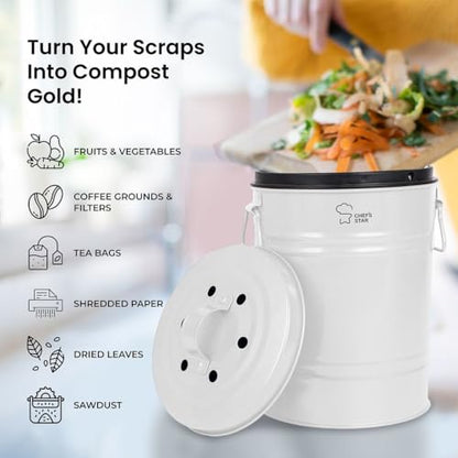 Chef's Star Countertop Compost Bin, Indoor Compost Bin, Small Composter, White, 0.8 Gallon, Metal - color: White