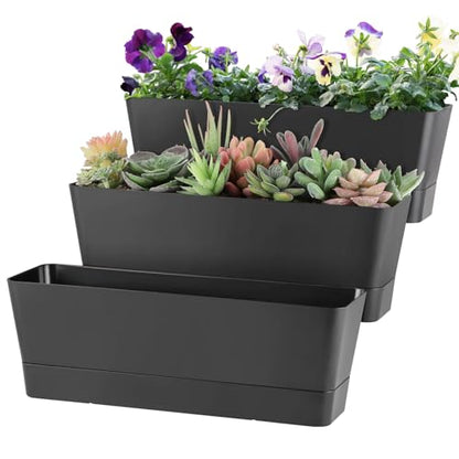 Window Box Planter with Tray, 12" Rectangle Plant Pot, Pack of 3 (Black) - color: Black