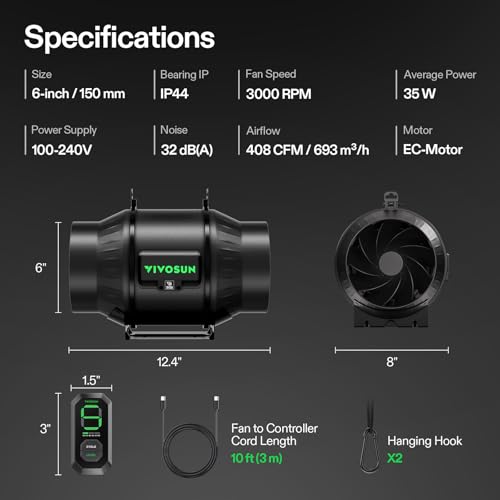 VIVOSUN T6 6" Inline Fan &Cycle Mode Speed Controller, 408 CFM Aerozesh Fan - color: Black Pro, size: 6"