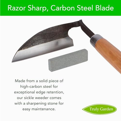 Effortless Weeding: Sharp Sickle Cuts Roots, Saves Time - with Thick Leather Sheath & Sharpening Stone
