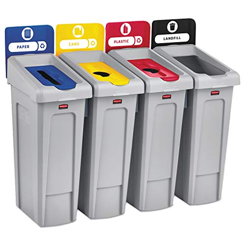 Rubbermaid Commercial Products SLIM JIM Recycling Station 4-Stream Landfill/Paper/Plastic/Cans Bin/Can/Station, 23 Gal, for Kitchens/Classrooms/Offices/Back of House/Education/Commercial Facilities - style: 4 Stream