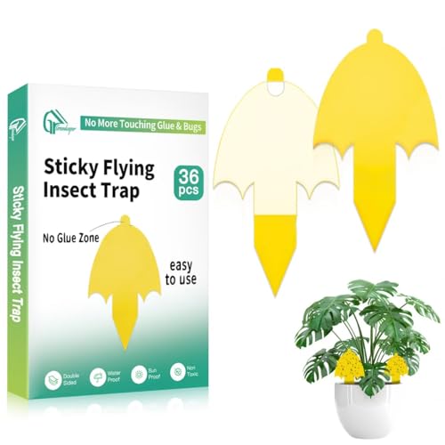 36 Pcs Umbrella Sticky Traps for Fungus Gnat, Flying Insect, Whitefly and Fly, Yellow Sticky Insect Catcher Trap for Indoor/Outdoor, Kitchen, and Plants, High-End Glue, Pro-Grade 0.50mm Thick, 4 Shape - color: Yellow
