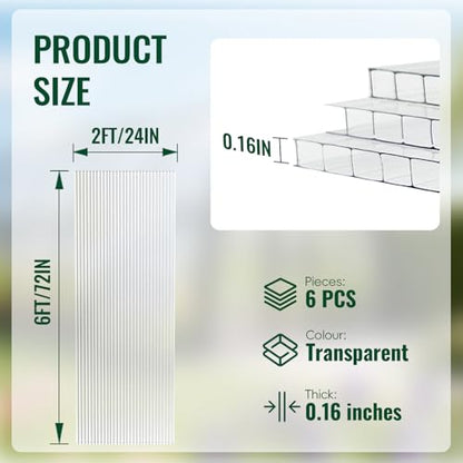 EVERECO 6 Pcs Greenhouse Panel, 6'FT x 2'FT x 0.16" in Polycarbonate Sheet - size: 6'FT x 2'FT x 0.16"IN