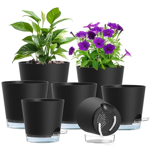 Meowell Self Watering Pots Set of 7 – Assorted Size 4" to 8" Indoor Plant Pots with Drainage Holes and Clear Reservoir for Visible Water Level, Plastic Wicking Planter for House Plants & Flower, Black - color: Black, size: 8+7+6.5+6+5.5+5+4 in 7pcs