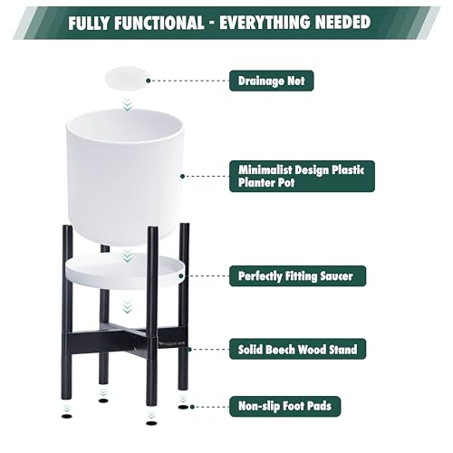 D'vine Dev Plastic Pot with Ebony Wood Stand, White, 10 in, 55-C-N-1 - color: Matte White Pot + Ebony Stand, size: 10 Inch