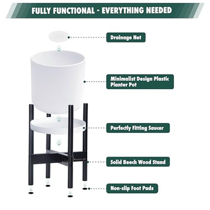 D'vine Dev Plastic Pot with Ebony Wood Stand, White, 12 in, 55-C-Q-1 - color: Matte White Pot + Ebony Stand, size: 12 Inch
