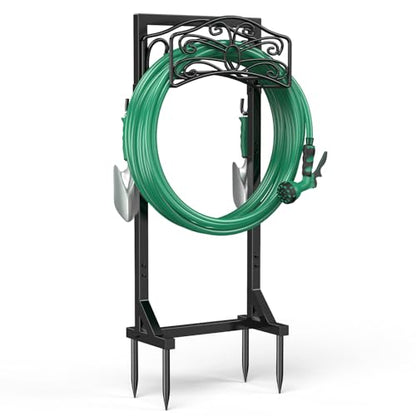 Sunvigor Freestanding Garden Hose Holder Stand, Heavy Duty Hose Reel Alternative with 2 Tool Hooks, Holds 150FT Water Hose, 4-Spike Stable Base, No-Drill Hose Storage for Outside Yard Lawn Garden - color: Black-butterfly Style With Hooks