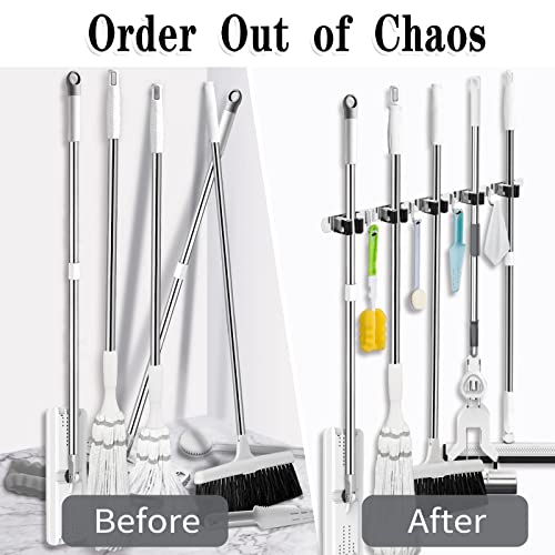 2 Pack Broom Holder Wall Mount, 5 Racks 4 Hooks Mop and Broom Organizer - color: 5 Racks & 4 Hooks (Silver) - 2 Pack