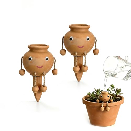 2 Pack Terracotta Watering Spikes, Cute Ceramic Self Watering Insert for Indoor Plants, Decorative Automatic Waterer & Vacation Drip Irrigation Devices, Novelty Plant Gifts