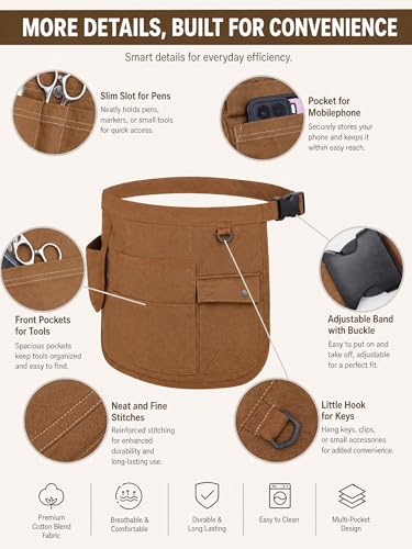 Molaxhome Waist Tool Apron with Multi-Pocket Adjustable Belt for Gardening - color: Brown