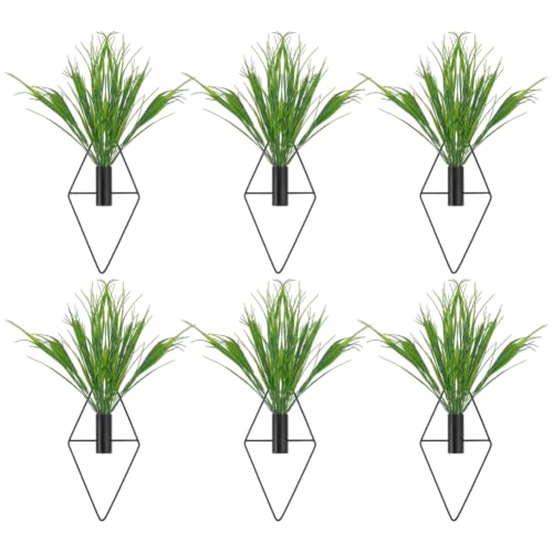 6Pcs Iron Diamond Wall-Mounted Vase Black Wall Decor Hanging Planter with Artificial Grass Greenery Indoor Plants Holder Wall Decoration for Bathroom Bedroom Living Room Decor